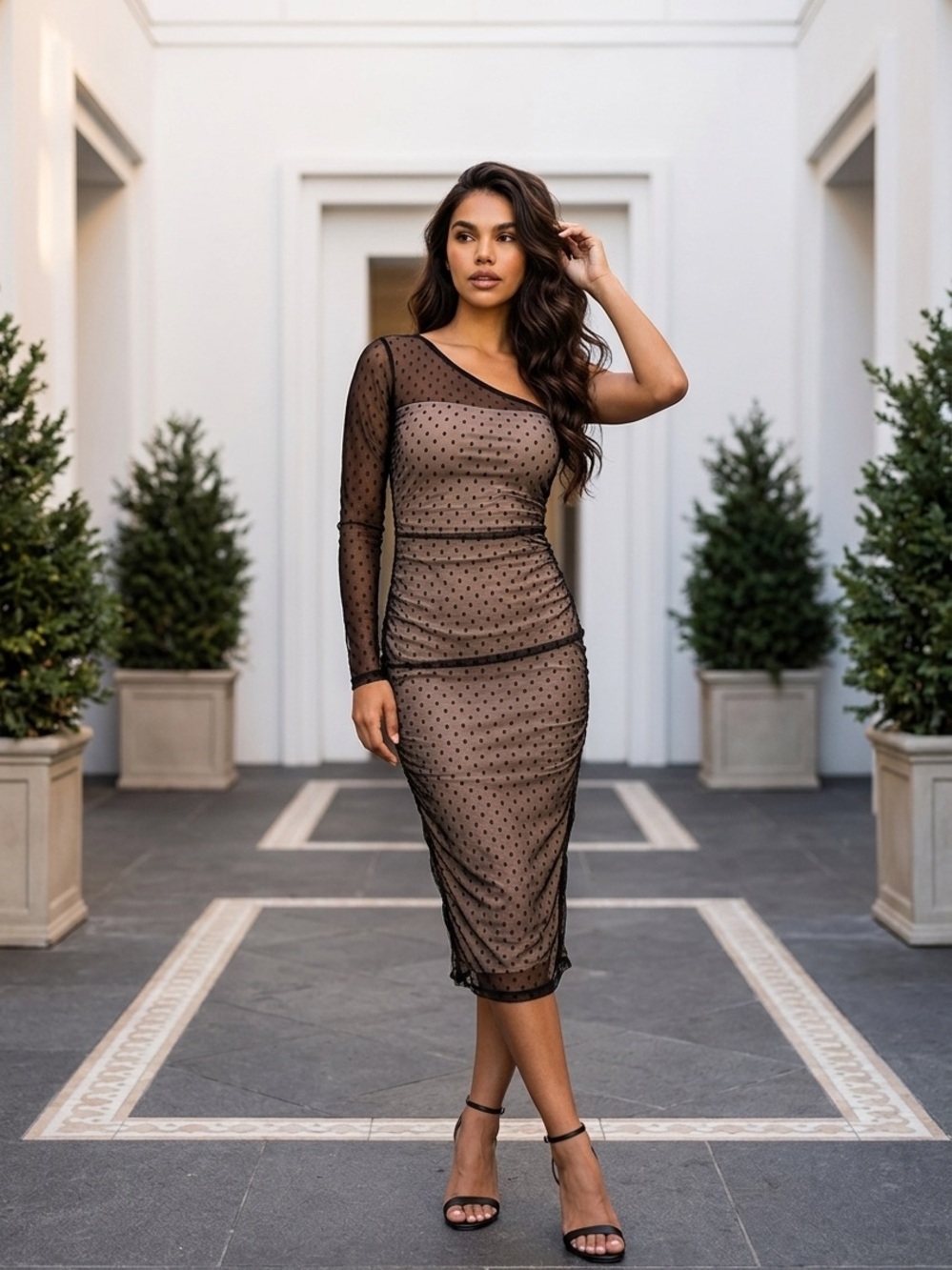One-Shoulder Black Polka Dot Mesh Midi Dress